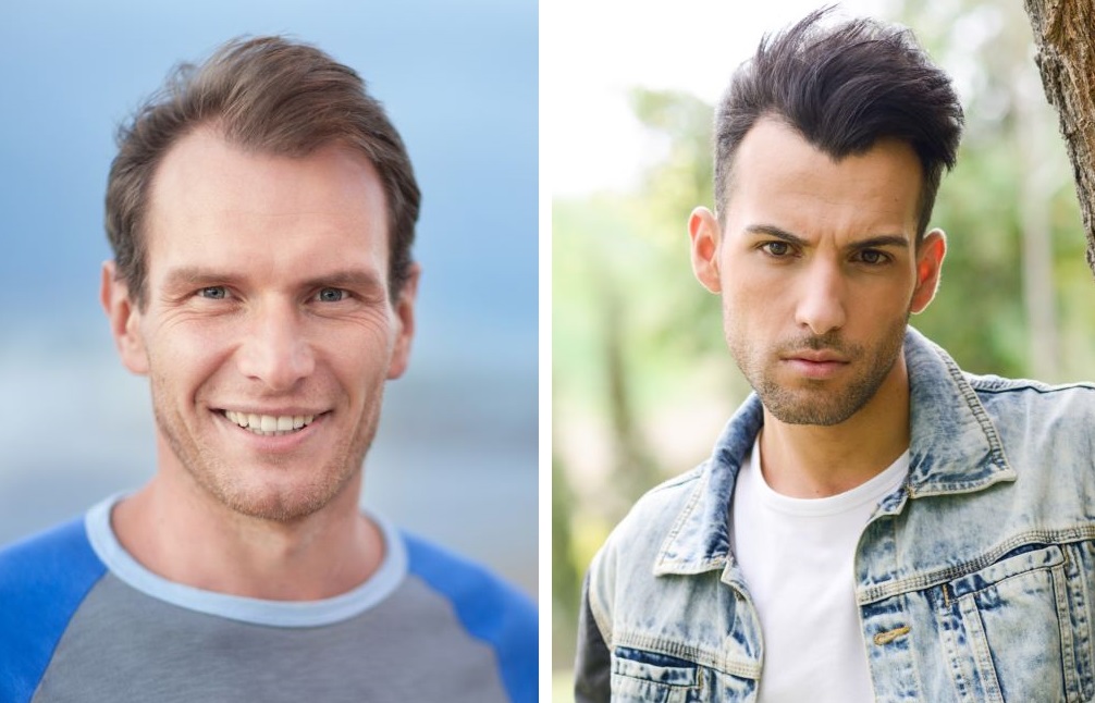Older man with a quiff and receding hairline (left) and younger man with tall quiff and a widow&rsquo;s peak (right)